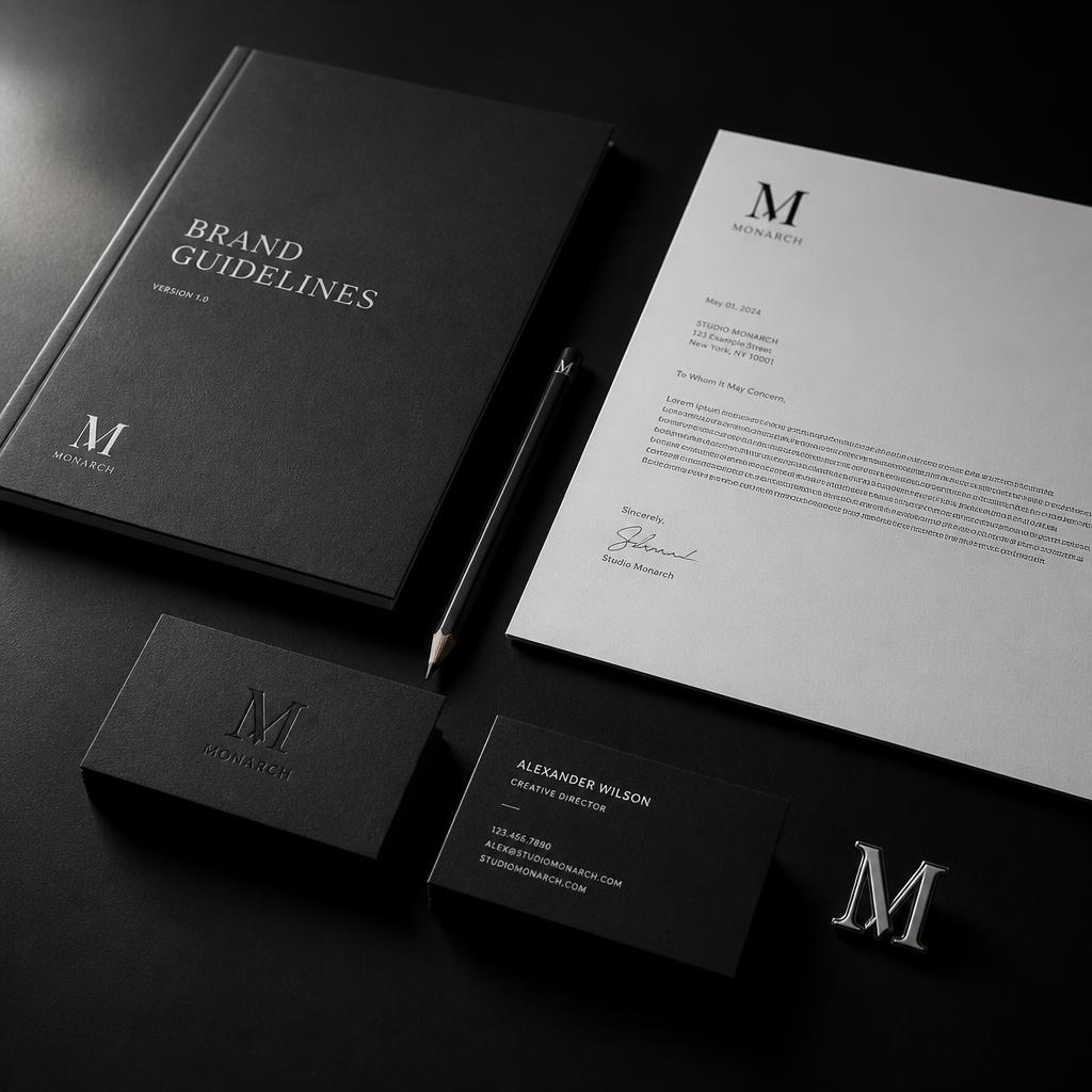 Brand identity flat lay with business cards, letterhead and guidelines booklet in monochrome