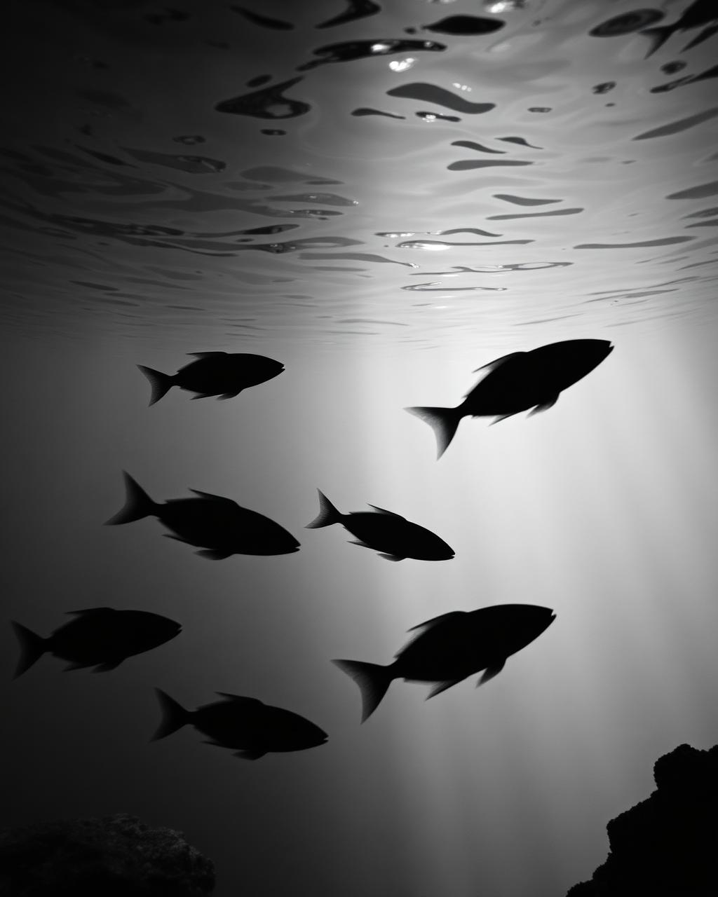 Monochrome underwater scene with fish silhouettes