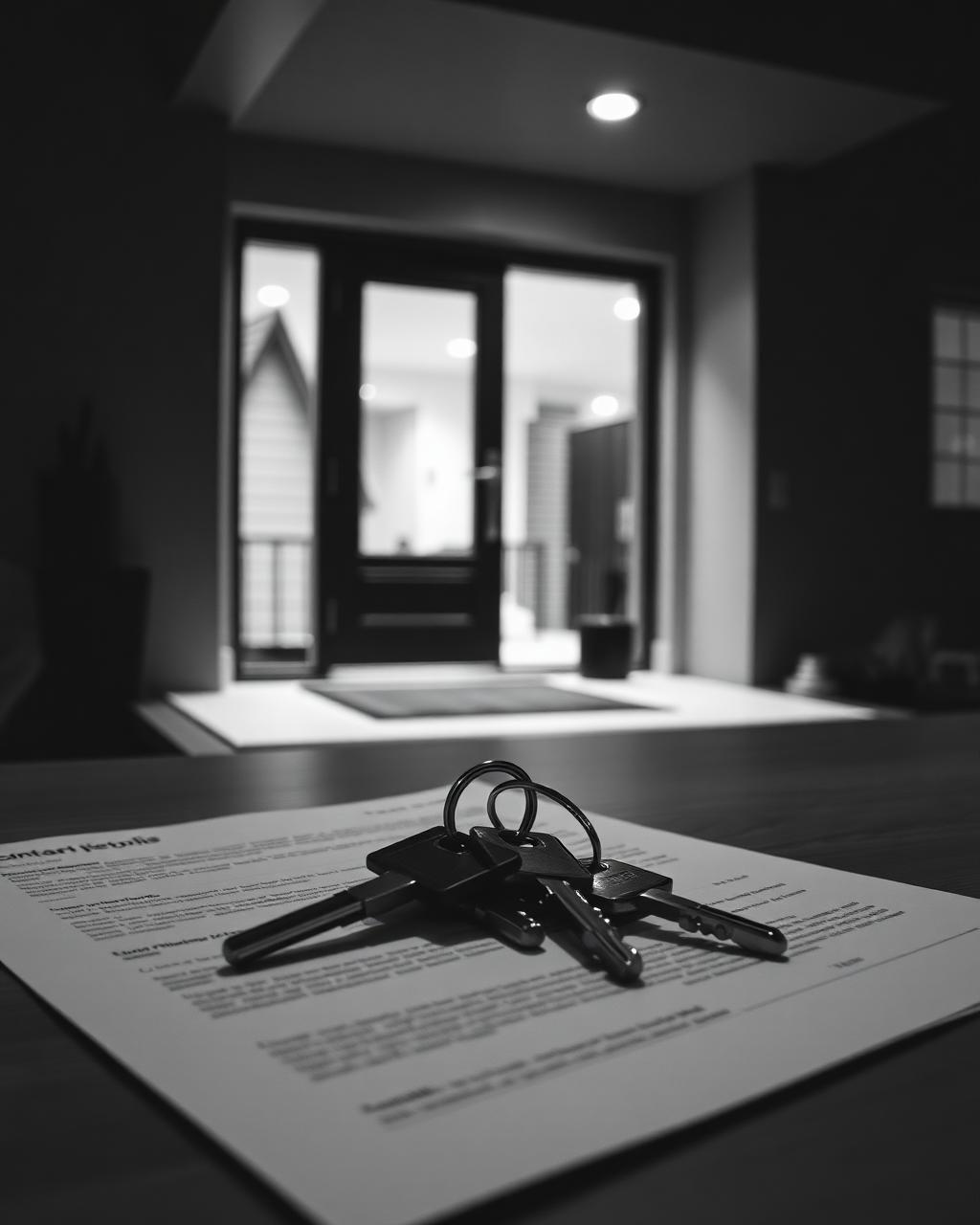 Black and white photo of house keys resting on mortgage paperwork